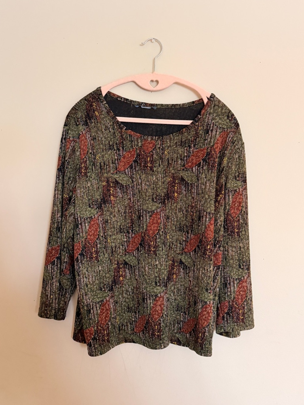 Koret Olive Green & Rust Orange Metallic Detail Floral Leaf Patterned Blouse